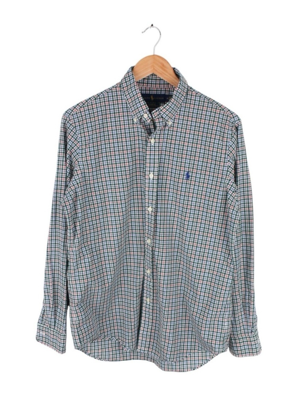 Ralph Lauren Classic Fit Stretch Plaid Button Up Shirt Green Blue Men's Medium